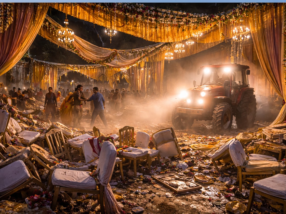 young man vandalized marriage hall with tractor after being refused invitation In Shahjahanpur