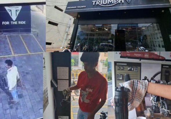 unique theft in Varanasi theif cuts glass enters showroom drink coffee