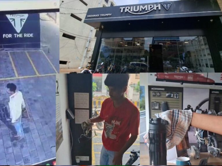 unique theft in Varanasi theif cuts glass enters showroom drink coffee